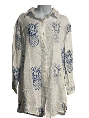 Blue Island Cotton Pineapple Beach Coverup Tunic Womens M White Blue Coastal